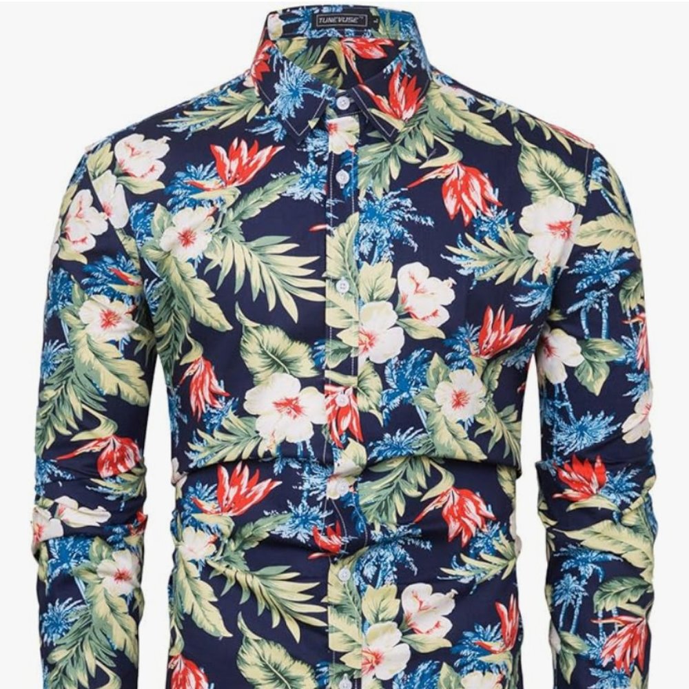 TUNEVUSE Men's Floral Long Sleeved Dress Shirt